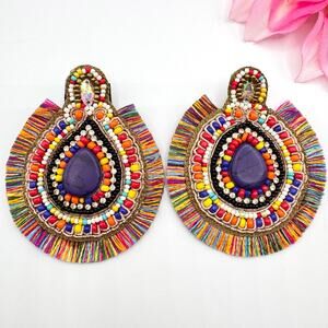 Colorful Fringe Beaded Huge Tribal Ethnic Boho Earrings Bohemian Multicolor Fun